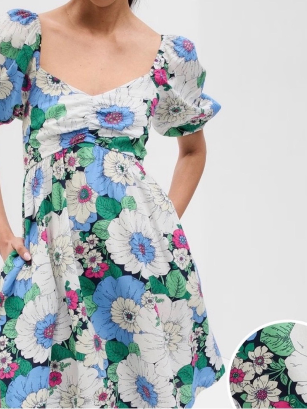Gap Floral Smocked Mid Dress Women size Large Puff Sleeves Boho Cottage Prairie‎